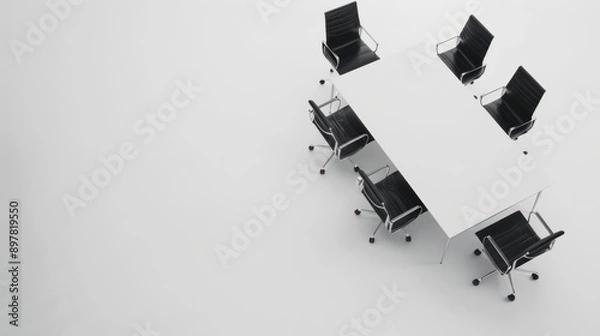 Obraz Aerial view of a spacious conference room with a white table and sleek black leather chairs