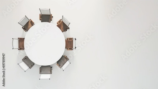 Obraz Eight empty office chairs encircle a round table in a white room, evoking a feeling of promise and excitement