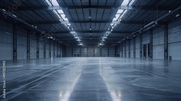 Fototapeta Empty industrial canvas, the modern warehouse breathes quiet, serene and expansive space