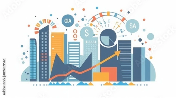 Fototapeta Dynamic city skyline with growth metrics, graphs, and icons representing finance and analytics. Ideal for business visuals.