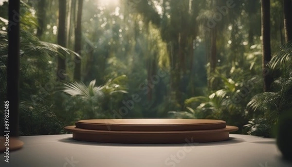Obraz A modern podium for product design against the backdrop of a tropical forest