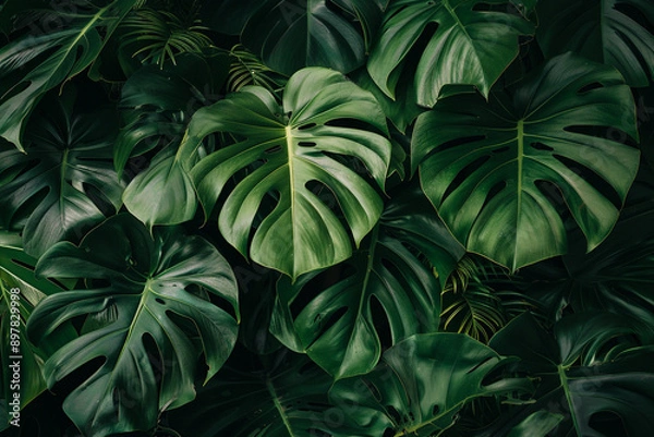 Fototapeta A lush green plant with large dark leaves, tropical leaf large foliage abstract green texture nature background, Tropical bush plant jungle wall background with monstera leaves