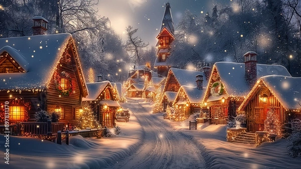 Fototapeta The winter christmas village is a beautiful sight. The snow is falling gently and the lights are shining brightly. The houses are covered in sparkling white, and the streets are lined with trees.
