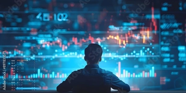 Fototapeta Man with graph, Stock market data, financial stocks, binary code
