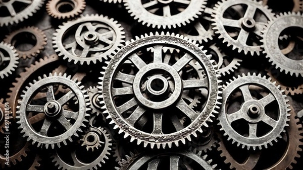 Obraz Close-up of a group of interlocked metal gears, symbolizing teamwork and collaboration.