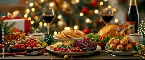 Fototapeta Place Setting With Food And Drinks For Christmas And New Year Celebration Party, Filled With Festive Cheer