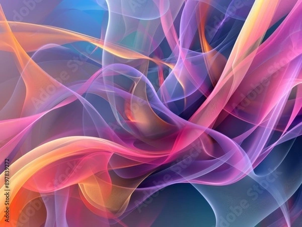 Fototapeta Abstract swirling colorful smoke or flowing ribbons on dark background.