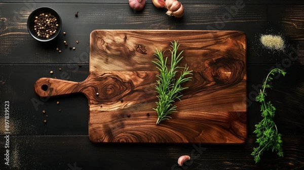 Fototapeta Top view simple single kitchen round cutting board empty on dark background