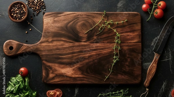 Fototapeta Top view simple single kitchen round cutting board empty on dark background