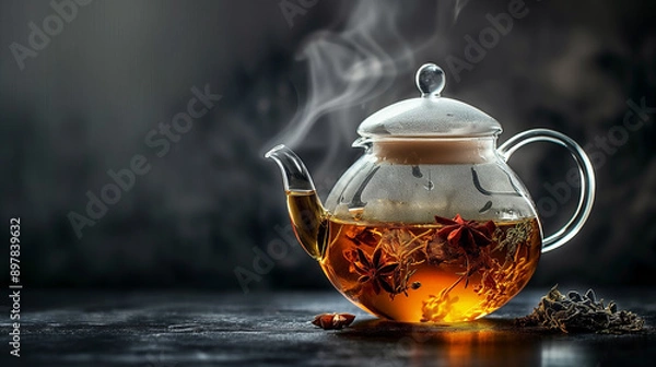 Fototapeta Herbal tea in glass teapot on dark background with space for text high quality image.