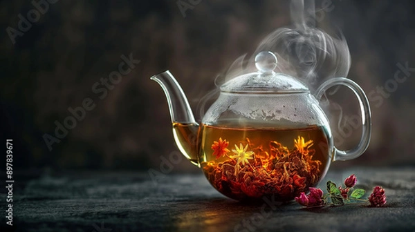 Fototapeta Herbal tea in glass teapot on dark background with space for text high quality image.