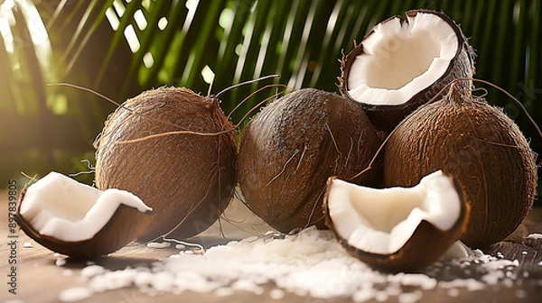 Fototapeta delicious coconuts display for advertising, banner, template
