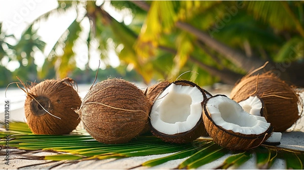 Fototapeta delicious coconuts display for advertising, banner, template