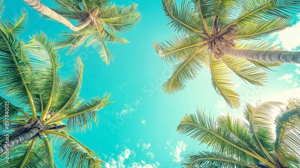 Fototapeta Looking up at blue sky and palm trees, view from below, vintage style, tropical beach and summer background, travel concept