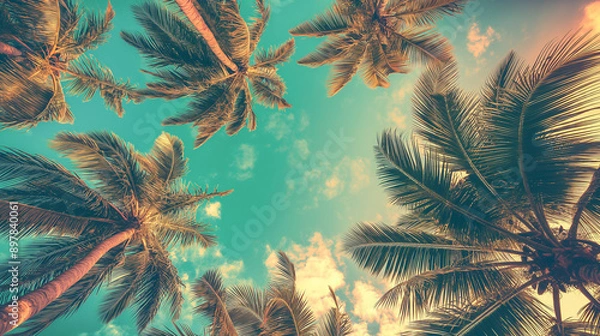 Fototapeta Looking up at blue sky and palm trees, view from below, vintage style, tropical beach and summer background, travel concept