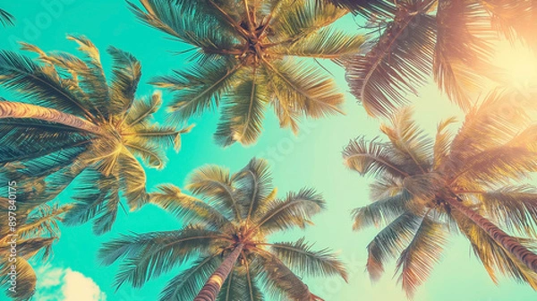 Fototapeta Looking up at blue sky and palm trees, view from below, vintage style, tropical beach and summer background, travel concept