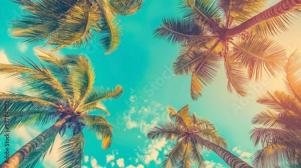 Fototapeta Looking up at blue sky and palm trees, view from below, vintage style, tropical beach and summer background, travel concept