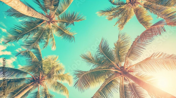 Fototapeta Looking up at blue sky and palm trees, view from below, vintage style, tropical beach and summer background, travel concept