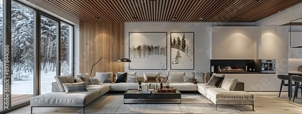 Fototapeta Scandinavian style interior rendering of a modern house featuring a wooden ceiling, white walls, and a light gray sofa. The space includes a large window with a winter landscape view.