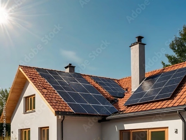 Fototapeta Close-up of a new suburban house with a photovoltaic system on the roof. Simple and modern environmentally friendly house with solar panels on the gable roof, with sunlight during the day