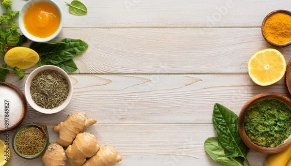 Fototapeta Flat lay of a variety of cleansing foods including lemon, turmeric, and leafy greens, arrang