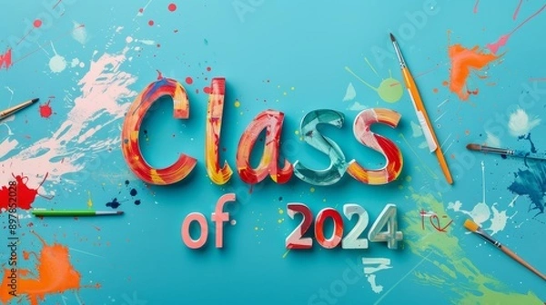 Fototapeta Celebrate Success with the Artistic Class of 2024 Graduation Banner Featuring Vibrant Paint Splashes and Creative Typography