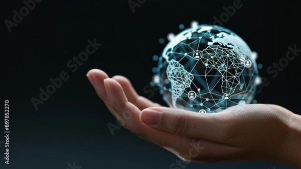 Fototapeta Global Connectivity: Hand Holding Transparent Globe with Social Media Icons | Worldwide Influence Concept
