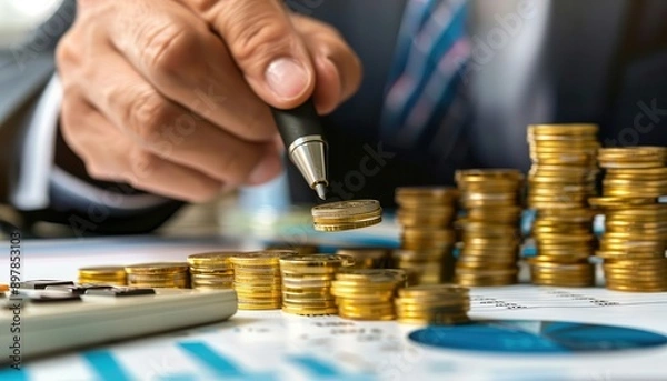 Obraz Closeup of businessman's hand adding coin to stack of gold coins, representing wealth and financial success.
