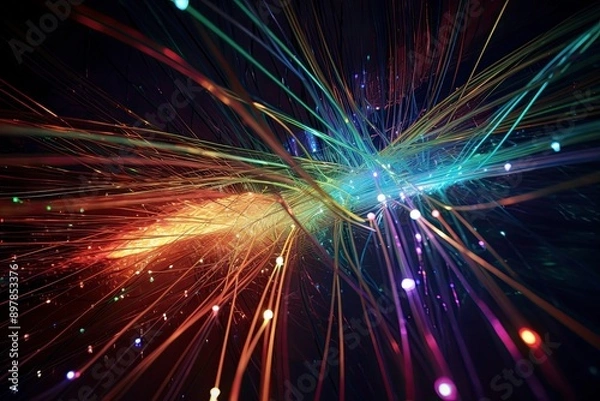 Fototapeta Intricate Web of Fiber Optic Cables Transmitting Data Signals