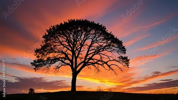Fototapeta A serene silhouette of a lone tree against a colorful sunset sky