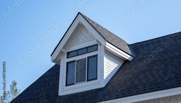 Fototapeta The gable roof on an American suburban home. Architecture home. roof with window. blue sky. daytime. anthropic style. Generative AI.