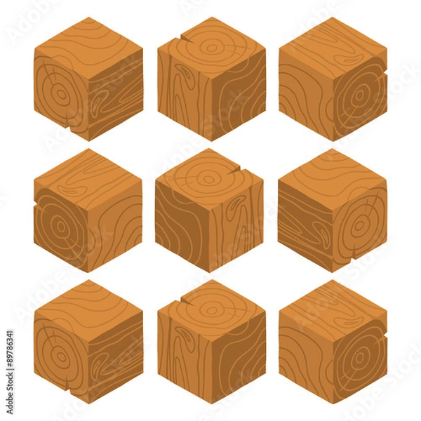 Obraz Cartoon Isometric wood game brick cubes set.