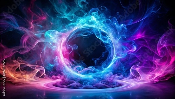 Fototapeta An abstract representation of a neon aura surrounded by swirling smoke. The smoke transitions from blue to purple, creating a captivating and mysterious effect against the dark, smoky background.