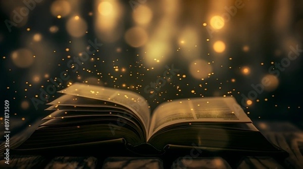 Fototapeta An ancient open magic book, perfect for an ancient book wallpaper against a dark mysterious background