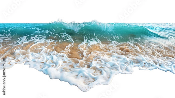 Obraz A beautiful wave crashing onto the sandy beach, creating foam and splashes. Ideal for nature and ocean-themed projects.