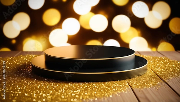 Fototapeta A black and round golden stage with step alone on a wooden surface covered in golden glitter, bathed in soft, warm light. The background is a dark, blurred bokeh of warm gold and white lights