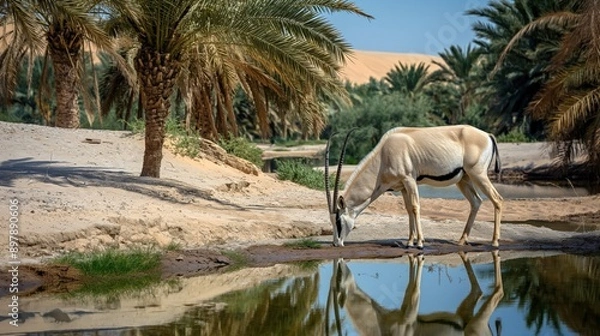 Fototapeta arabian oryx grazing near a small oasis in the desert