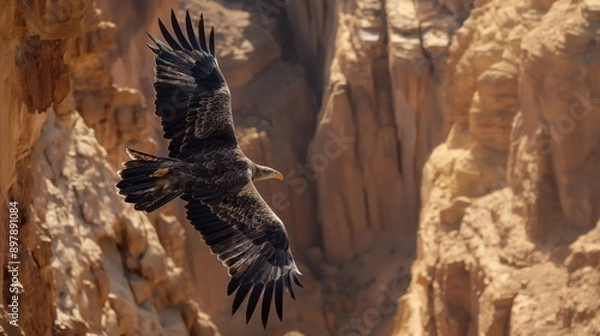 Fototapeta majestic eagle soaring high above a desert canyon with the rugged cliffs