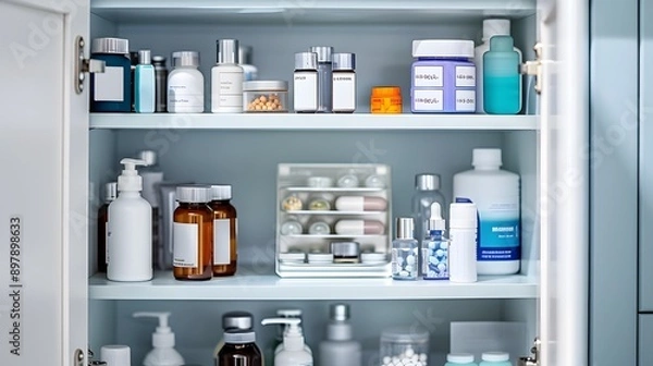 Fototapeta Open Medicine Cabinet Full of Bottles and Jars