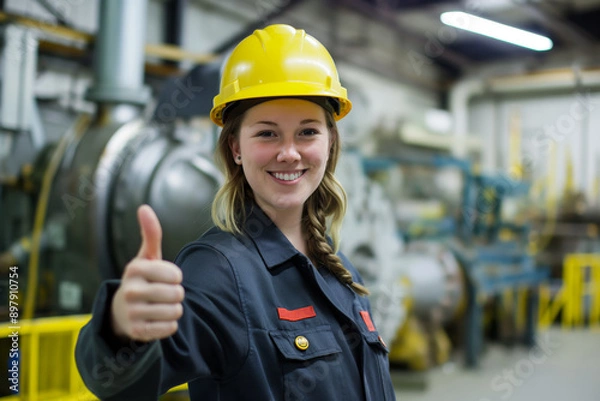 Fototapeta Confident Female Engineer Giving Thumbs Up with Machinery in Background