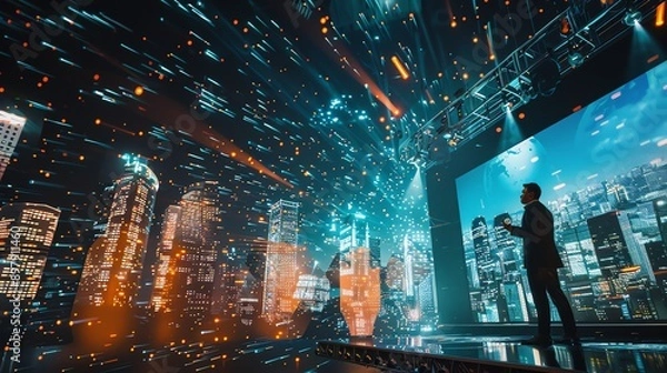 Fototapeta Futuristic Tech Conference: CEO's Visionary Speech Against Stunning Cityscape Backdrop - Generative AI