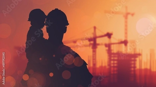 Fototapeta Silhouette of a construction worker holding a child with cranes in the background at sunset, symbolizing family and hard work.