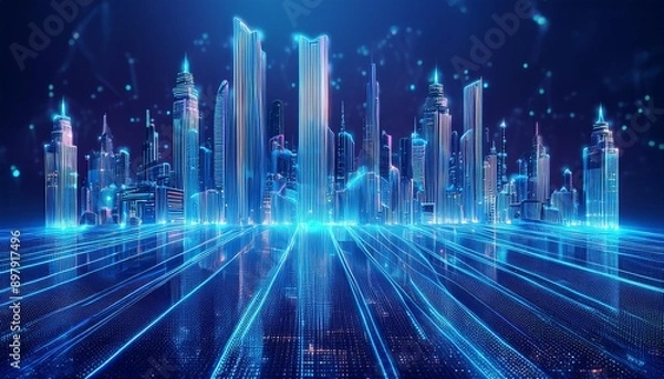 Fototapeta Futuristic city skyline with glowing skyscrapers and vibrant blue light rays, evoking a sense of technology and innovation.
