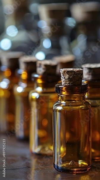 Fototapeta Close-up of vintage amber bottles with cork stoppers, perfect for essential oils or herbal remedies, showcasing natural beauty.