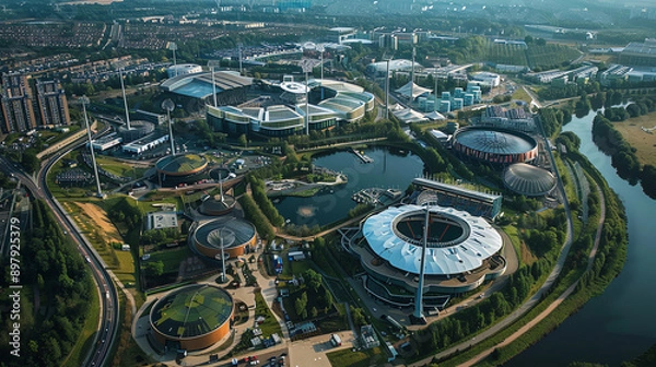 Fototapeta Aerial View of Olympic Stadium and Surrounding Area in Munich, Germany