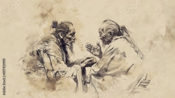 Fototapeta Genesis,The Prisoners’ Dreams:Historical Sketch of Chief Cupbearer Sharing Dream with Joseph, Modern Minimalist Biblical Illustration, Bold Pencil Lines, Soft Beige Background 