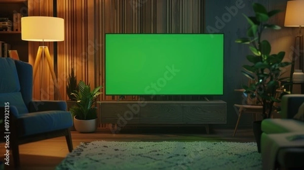 Fototapeta Modern house interior with blank green screen led TV mockup template material background wallpaper AI generated image