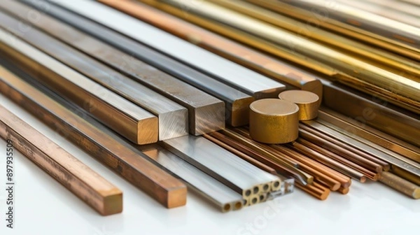 Fototapeta Variety of Metal Sheets and Rods in Different Finishes on Clean White Surface - Generative AI