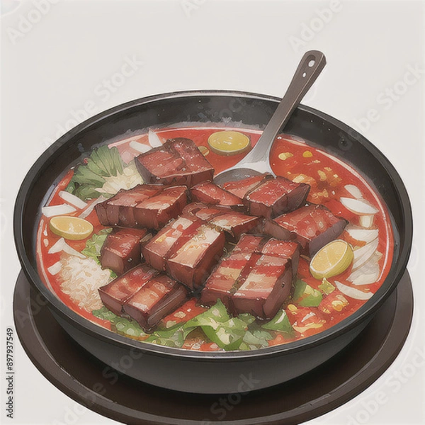 Fototapeta A delicious dish of meat and vegetables cooked in a pan, featuring colorful ingredients like chicken, beef, and tomatoes, perfect for a healthy lunch or dinner