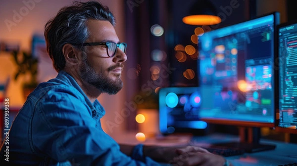 Fototapeta A focused programmer working late at night in a dimly lit office, surrounded by multiple computer screens.